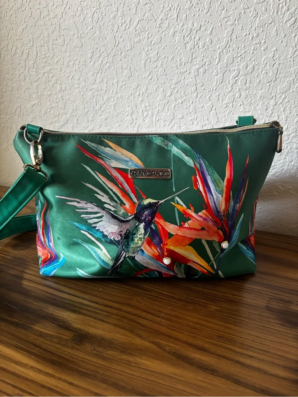 Green Hummingbird Print Crossbody Bag